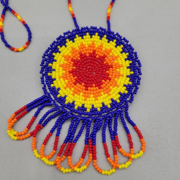 Handcrafted Beaded Necklace Round Sunburst Leather Pendant Fringe 29 Inch - Picture 2 of 5